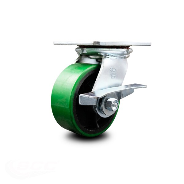 5 Inch Heavy Duty Green Poly on Cast Iron Caster with Ball Bearing and Brake SCC